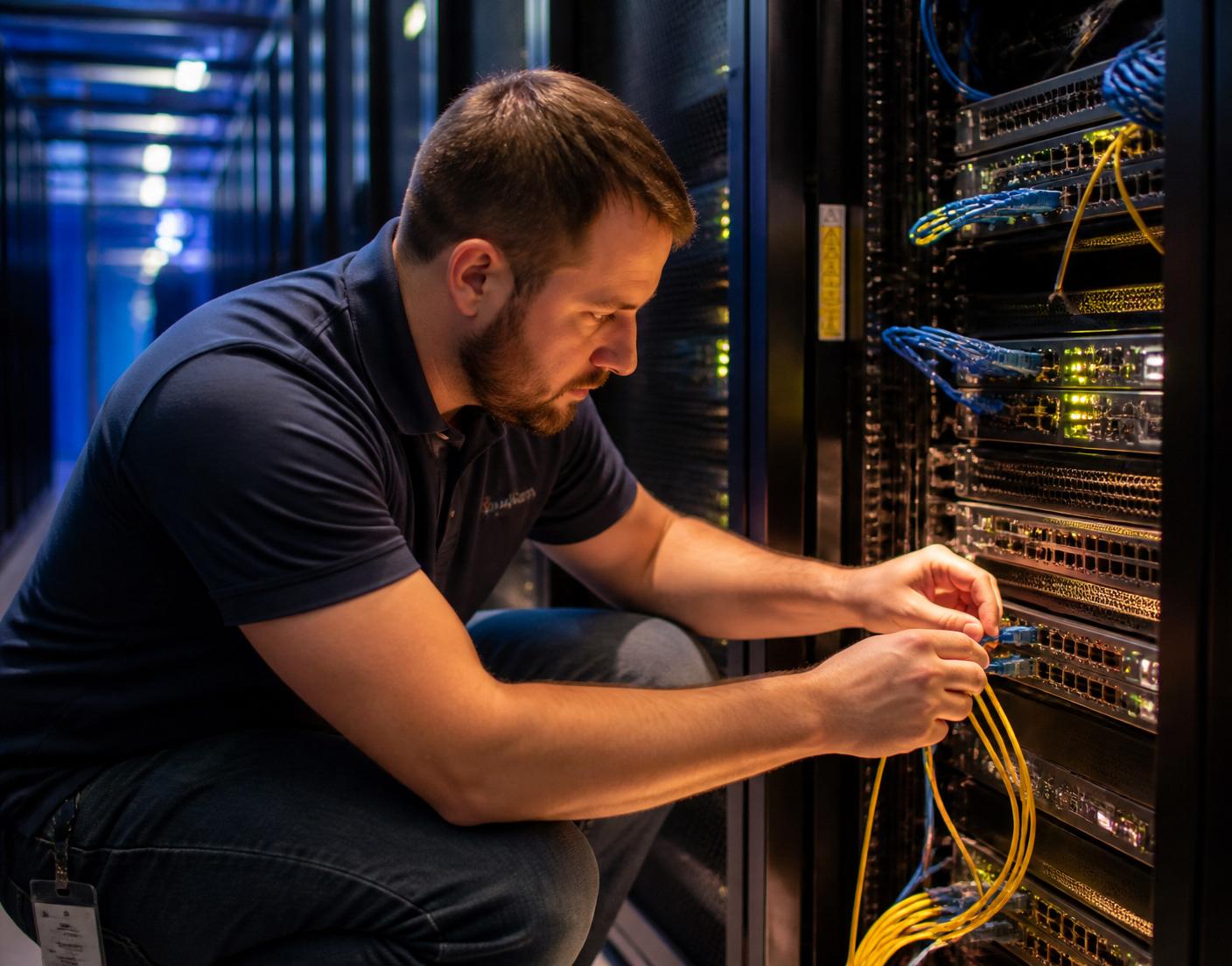 Scila field engineer connecting fiber in a customer data center