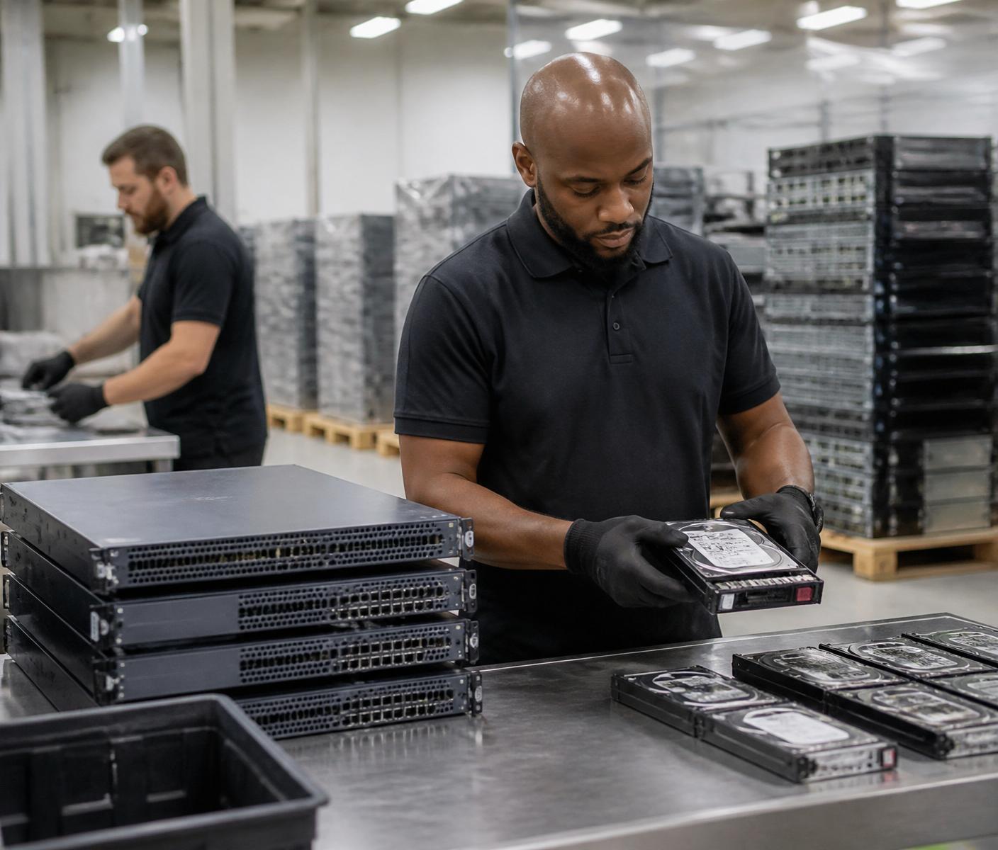 Technicians inspecting retired enterprise hardware at a certified ITAD facility